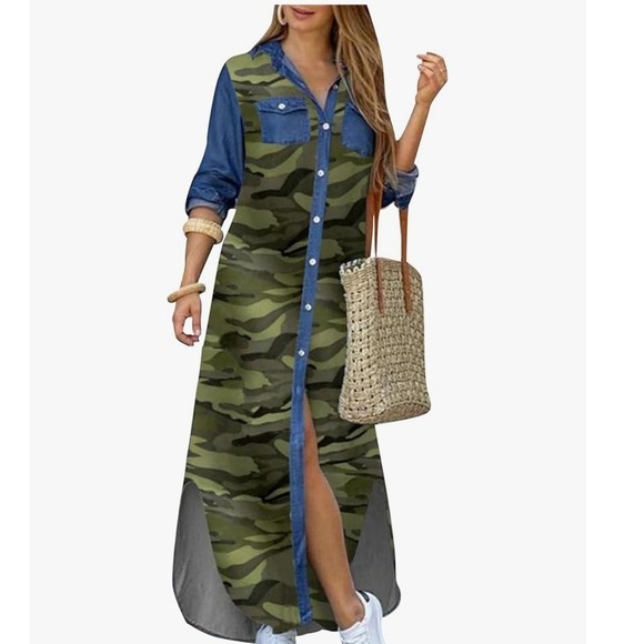 Camo Maxi Dress Denim Accents Button Front Long Sleeve Shirt Dress - Picture 1 of 5